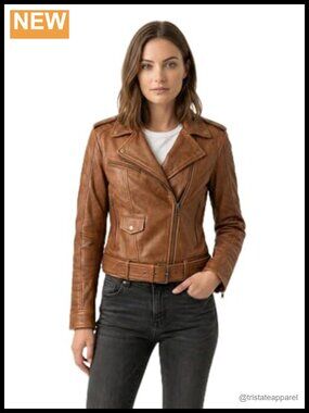 Women's Sheep Leather Moto Jacket Asymmetric Zip Belted Real Leather